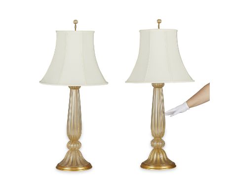 Murano, Italy. Pair of hand-blown glass lamps with gold fleck. In the manner of Venini Diamonte, Barovier &amp; Toso, and Don