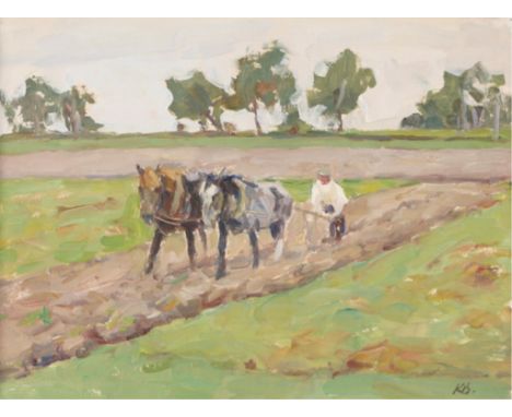 Konstantin Vysotsky (Russian, 1864-1938). Oil on board painting titled "Tillage" depicting two horses pulling a till in a fie