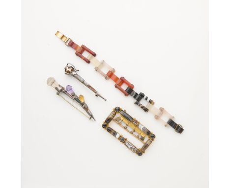 Group of Scottish hardstone jewelry comprised of:One gold filled buckle set with alternating oblong and circular banded agate