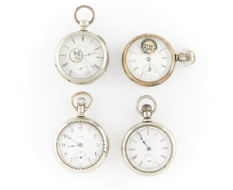 Group of four pocket watches, including:One American Watch Co. pocket watch in ore silver case with white dial and Roman nume