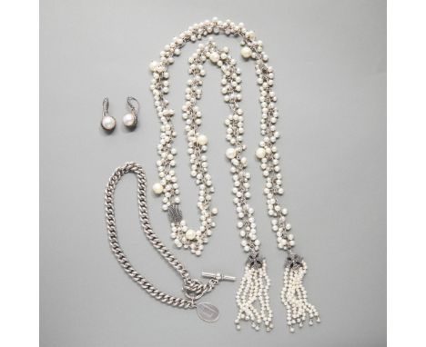 Group lot of three pieces of sterling silver jewelry. Including:One sterling silver curb link necklace with spring clasp, tog