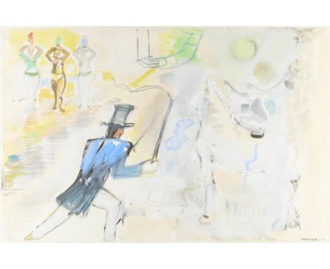 Malcolm Haynie Myers (American, 1917-2002). Mixed media on paper depicting a circus scene, 1977. Signed and dated along the l