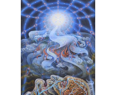 Alex Grey (American, b. 1953). Acrylic on wood painting titled "The Soul Finds It's Way" depicting a cross-section of a human