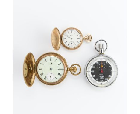 Group of three pocket watches, including:A Fisher Heuer stopwatch with black and white dial and original sticker along the ba