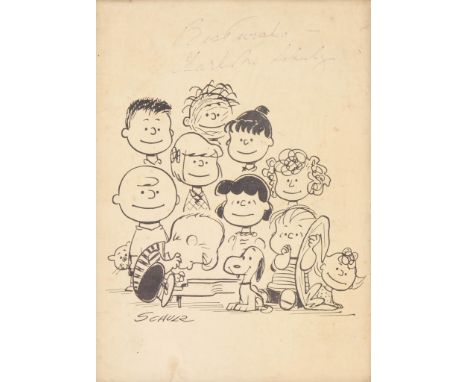 Print depicting the Peanuts gang signed by the creator, Charles Schulz. Pen signed "Best Wishes - Charles Schulz" along the u