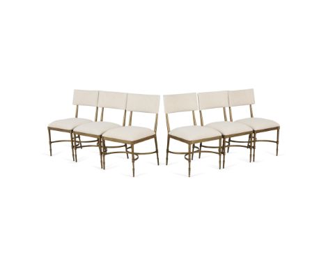 Frontgate, United States. Set of six "Angelina" model dining or side chairs with white linen boucle upholstery and brass fram