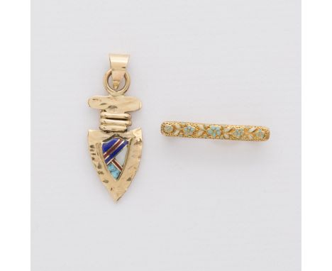 Group two 14k yellow gold pieces of jewelry, including one 14k yellow gold arrow head form pendant set with hard stones, like