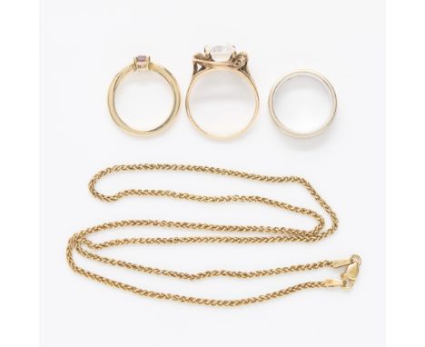 Group of yellow gold jewelry, including:One 14k white gold band with linear details and inset round brilliant cut diamond. Ma