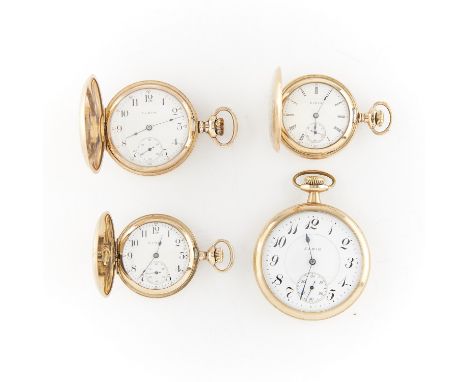 Group of four Elgin pocket watches, including:One Elgin pocket watch in gold plated hunter case with white dial and Arabic nu