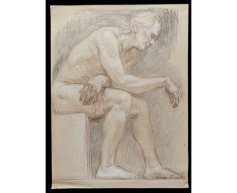 Paul Cadmus (American, 1904-1999). Crayon on paper drawing of a nude seated man. Signed and inscribed "NM269A" along the uppe