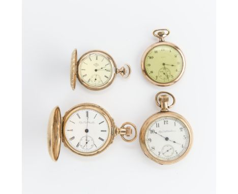 Group of four gold plated pocket watches, including:One Elgin pocket watch in a gold plated open face case with white dial an