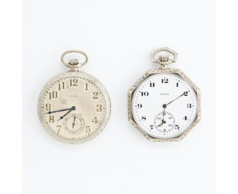 Group of two pocket watches including:One Elgin pocket watch in open face rolled plate case with floral and foliate details. 