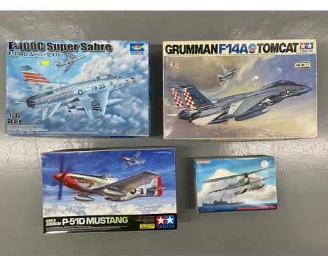 4 Model Kits - Trumpeter F-100c, Grumman F14A Tomcat, Tamiya P-15D Mustang & Techmod Friedrichshafen FF-33E. (4500g). (4)Trum