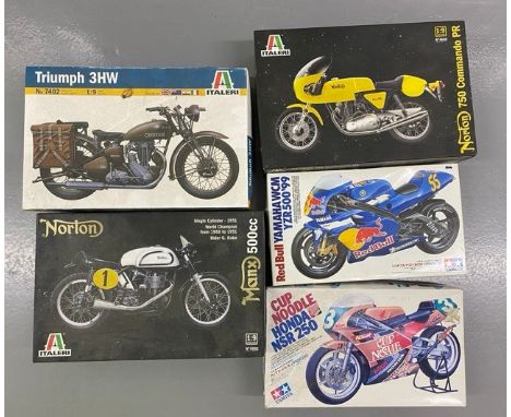 5 Model Bike Kits - Italerie Triumph 3HW, Italeri Norton Manx 500cc, Italierie Norton 750 Commando, Tamiya Red Bull Yamaha & 