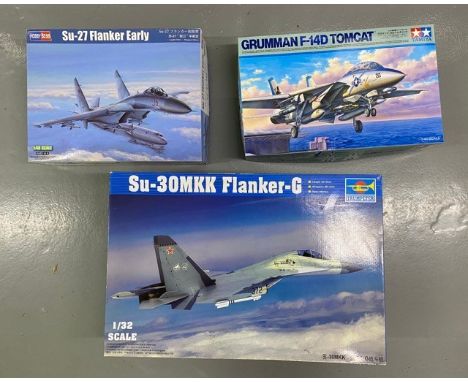 3 Model Kits Trumpeter - Su-30MKK Flanker 02271 1/32 Scale. (Box Poor/Kit as new).Tamiya Grumman F-14D Tomcat 1/48 Scale (Box