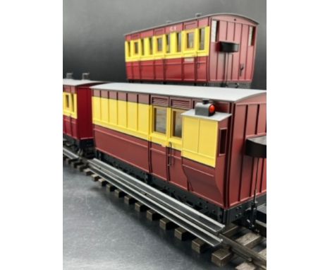 Three G Scale British Model Supply Isle of Man Rolling stock in Maroon &amp; Cream, in boxes (4500g) Isle of Man 4 wheel Coac