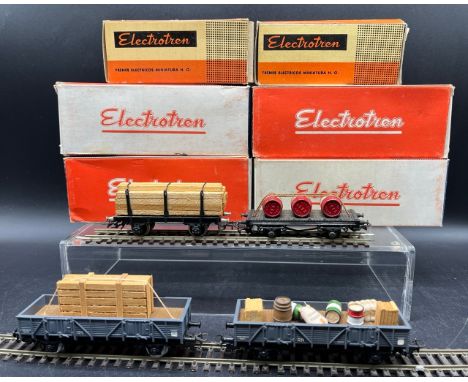 7 Electrotren Wagons, 5 boxed, plus Pocher flat bed wagon with barrel load and Rivarossi flat bed with timber load and Markli