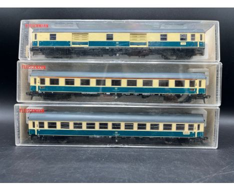 Three Fleischmann DB Coaches, 5190, 5191 & 5192 each cased(600g)Aqua Blue/Cream livery'Ready-to-Roll' Condition Report - Roll