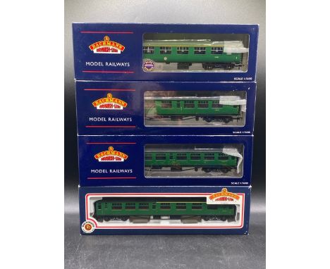 Four as New Bachmann coaches, includes:-(1000g)Bachmann Branchline 39-333 BR Mk2S FK corridor 1st S13389 in BR (SR) greenBach