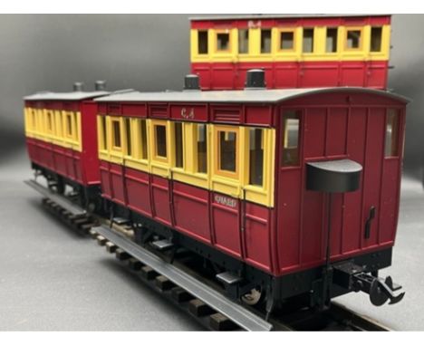 Three G Scale British Model Supply Isle of Man Rolling stock in Maroon &amp; Cream, in boxes (4500g) Isle of Man 4 wheel Coac