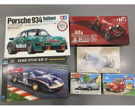 6 Model Kits - Tamiya Porsche 934 Vailant, Trumpeter Ford GT40 MK II 1966 Le Mans, Italeri Alfa Romeo Roadster, gakken 1919 T