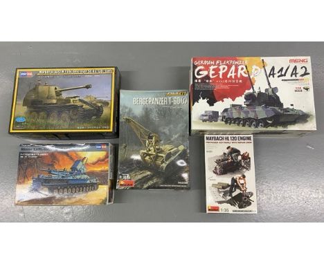 5 Model Kits - Hobby Boss Marder III Ausf.M Tank, Hobby Boss Morser Karl-Gerat, Meng German Flakpanzer Gepard, MiniArt Bergep
