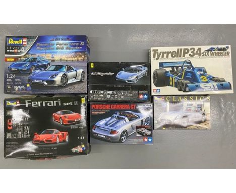 6 Model Kits - Revell Mercedes 300 SLR, Tamiya Tyrell P34, Tamiya Porsche Carrera GT, Tamiya 360 Spider, Revell Ferrari Set I