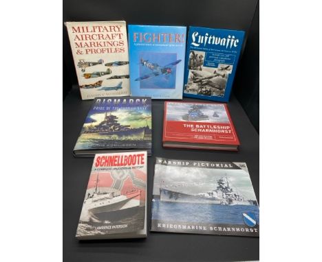 7 Military Aircraft/Battleship Books. (8000g)Military Aircraft Markings & Profiles - Hardback Book (Sleeve is poor/Book Good)