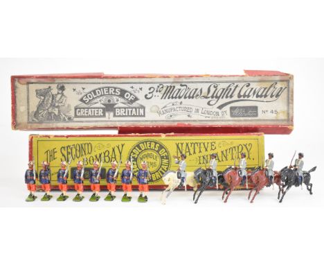 Thirteen Britains painted metal soldiers comprising Indian regiments 3rd Madras Light Cavalry set number 45 and 2nd Bombay In
