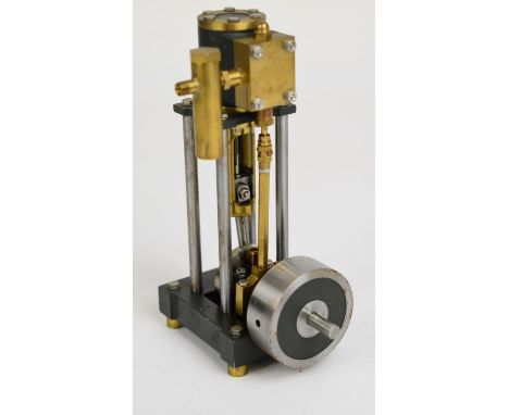 Vertical single cylinder live steam engine with displacement lubricator, counterbalanced crank web and solid flywheel, height