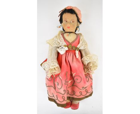 Felt gypsy doll in the style of Lenci, Chad Valley or similar with painted features, braided hair, hooped earrings, necklace 