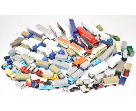 Fifty mostly Wiking 1:87 scale plastic bodied haulage vehicles, many with double trailers, the majority bearing German brand 