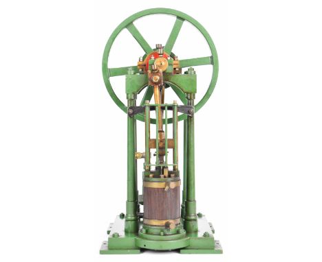 Inverted single cylinder live steam engine with turned column supports and twin cylinder drain cocks, driving a spoked flywhe