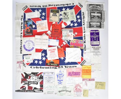 A collection of 1980's and 90's music ticket stubs and backstage passes, artists to include Genesis, Motorhead, David Bowie, 