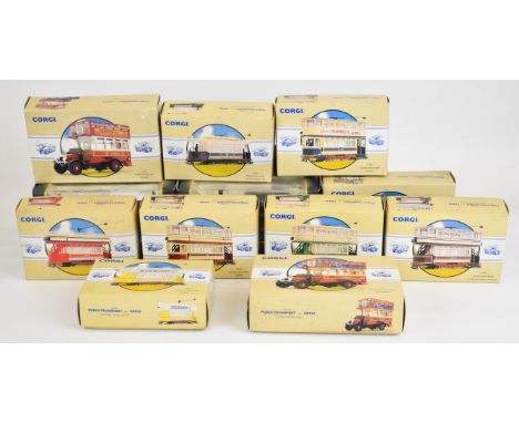 Twelve Corgi diecast model buses, trams and showman's engines to include 'The Vintage Glory of Steam' line, all in original b