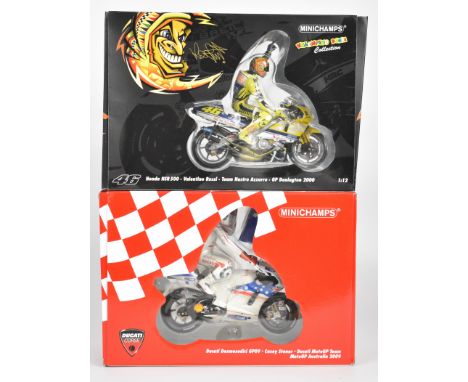 Two Paul's Model Art Minichamps 1:12 scale diecast model MotoGP motorbikes and riders comprising Honda NSR 500 Valentino Ross