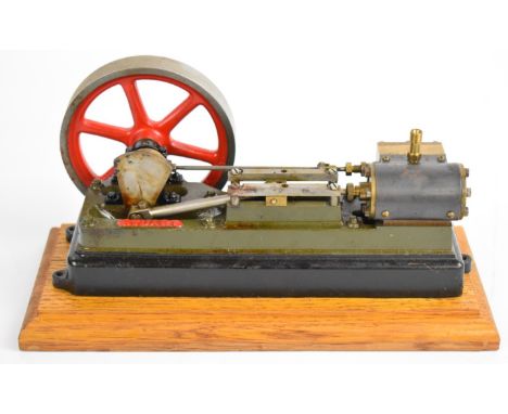 Stuart S50 live steam single cylinder engine on wooden base, overall length 24cm