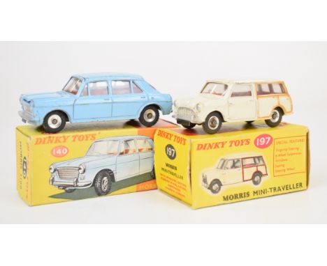 Two Dinky Toys diecast model cars comprising Morris 1100 140 and Mini-Traveller 197, both in original boxes.