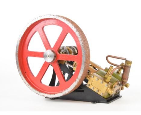 Twin cylinder live steam paddle or similar inclined engine with spoked flywheel, counterbalanced crank and displacement lubri