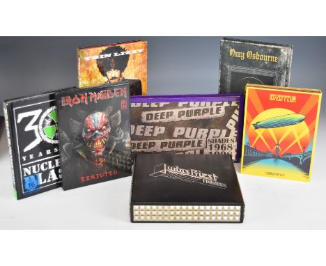 Seven Heavy Metal / Hard Rock collectibles including Judas Priest Metalogy four CD and one DVD box set with booklet and flyer