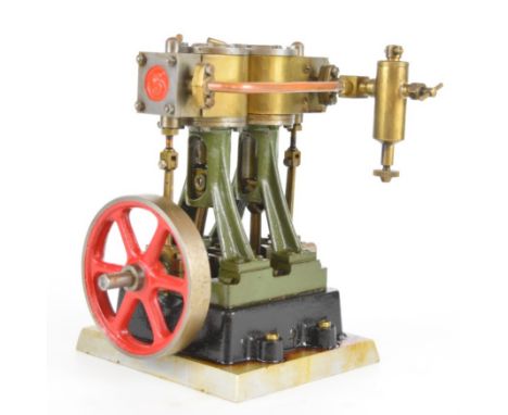 Stuart D10 twin cylinder live steam engine with spoked flywheel, cylinder drain cocks and displacement lubricator, height 16c