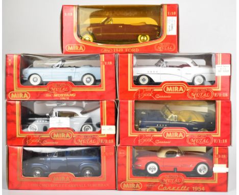 Seven Mira 'Golden Line Collection' 1:18 scale diecast model American cars to include 1950 Chevrolet Carryall Suburban, 1954 