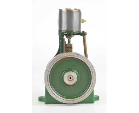 Vertical single cylinder live steam engine in the style of a small Stuart No 1, with grooved solid flywheel, height 15cm