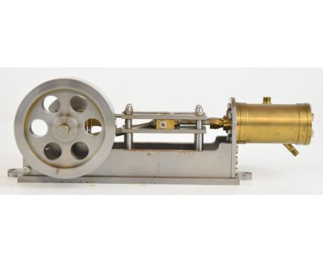 Horizontal single cylinder live steam engine in the style of a small Stuart S50 with drilled disc flywheel, length 22cm