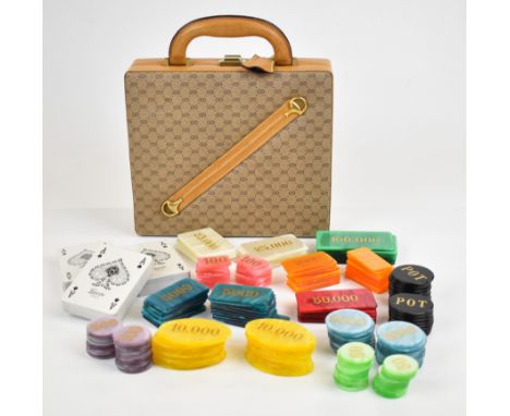 Gucci vintage poker set, in tan leather case with vinyl panels patterned with the signature logo, gold fittings, baize compar