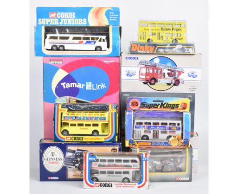 Eleven mostly Corgi diecast model buses and trucks, all in original boxes.