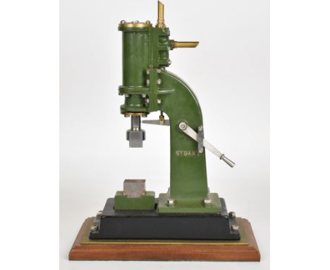Stuart live steam forge hammer with side lever control, on wooden base, overall height 30.5cm