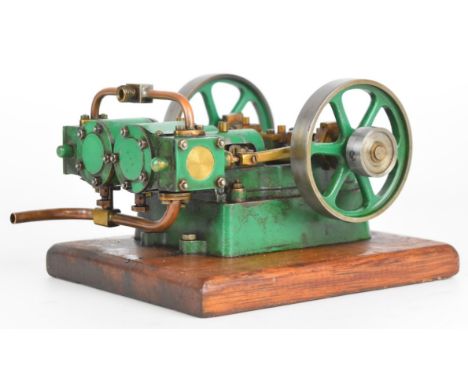 Stuart Score live steam twin cylinder engine on wooden base, overall length 19.5cm