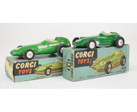 Two Corgi Toys diecast model racing cars comprising Vanwall Formula 1 Grand Prix 150 and B.R.M. 152, both in original boxes.