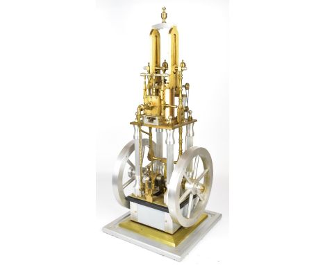 Large James Coombes type single cylinder live steam engine of turned aluminium and brass construction, with twin spoked flywh